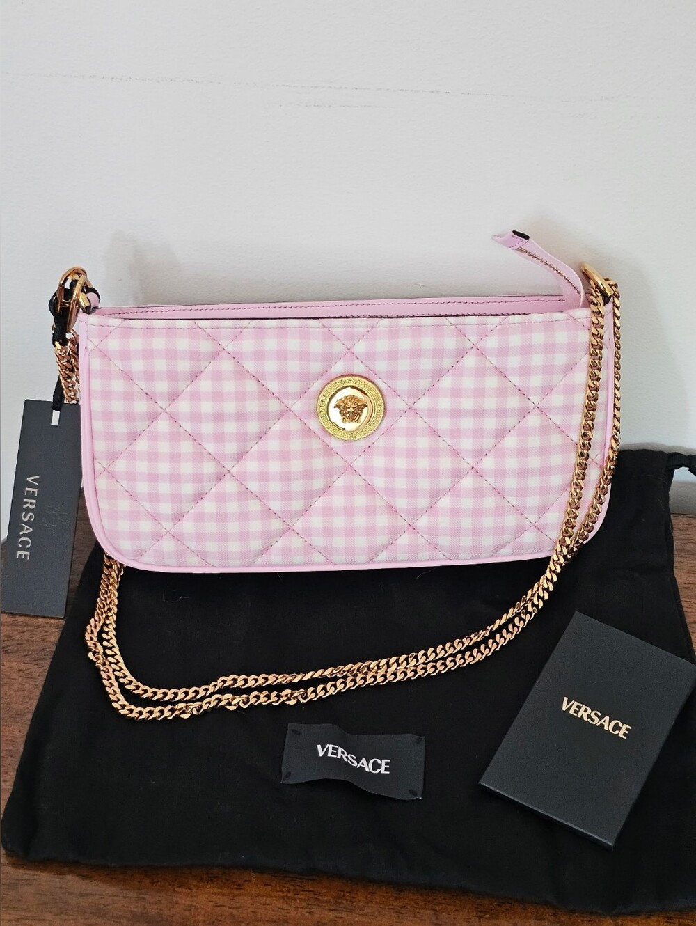NWT Versace Pink Quilted Gingham Shoulder or Crossbody Bag with Gold Chain